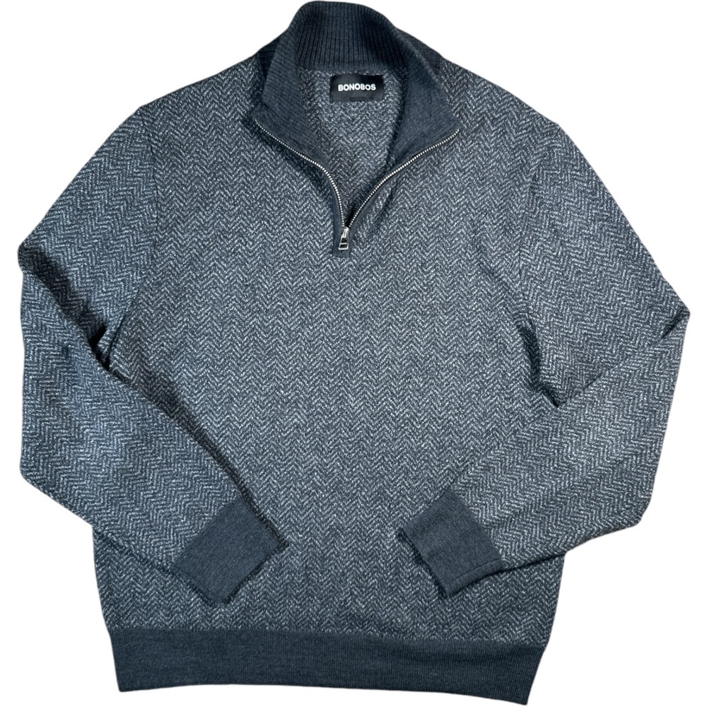 Bonobos Washable Merino Wool 3/4 Zip Sweater Herringbone Gray Men’s Medium